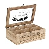 ToCi Caja de té de madera natural con 6 compartimentos, rectangular, caja de...